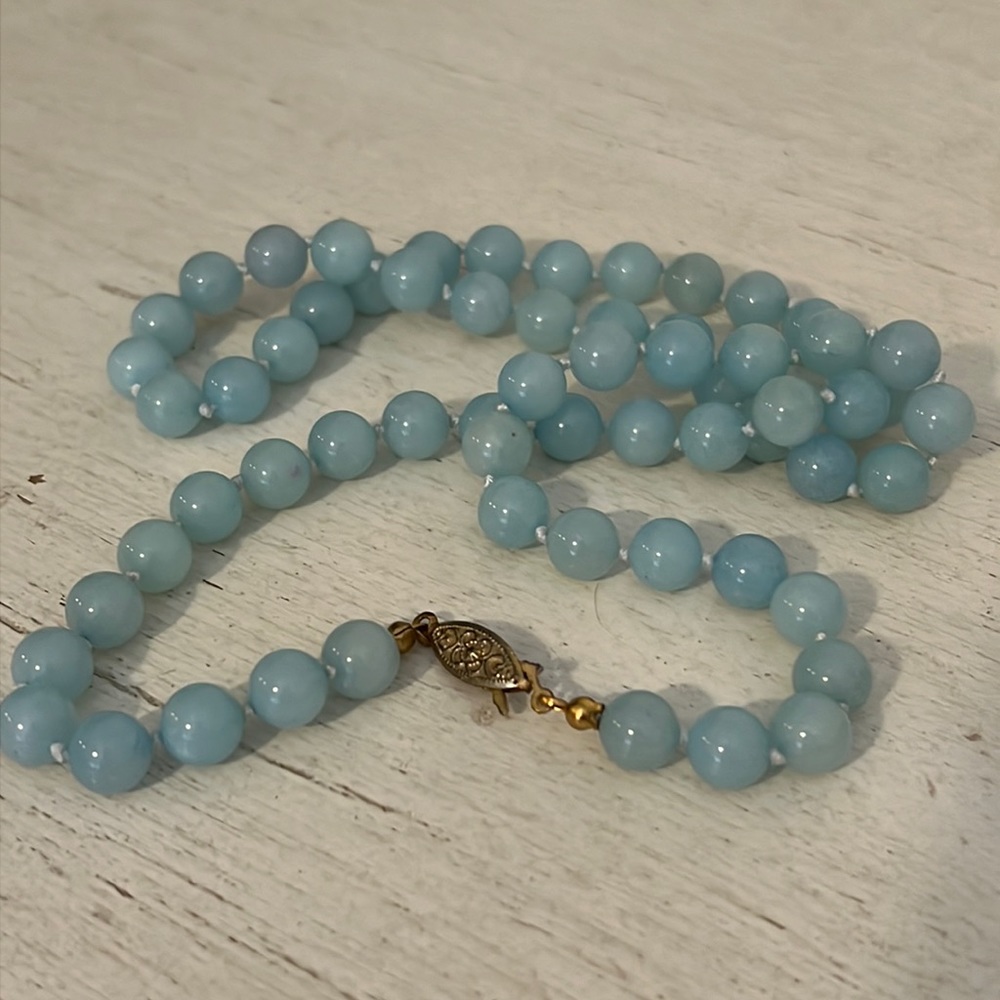 Sky Blue agate Vintage hand knotted necklace 24”